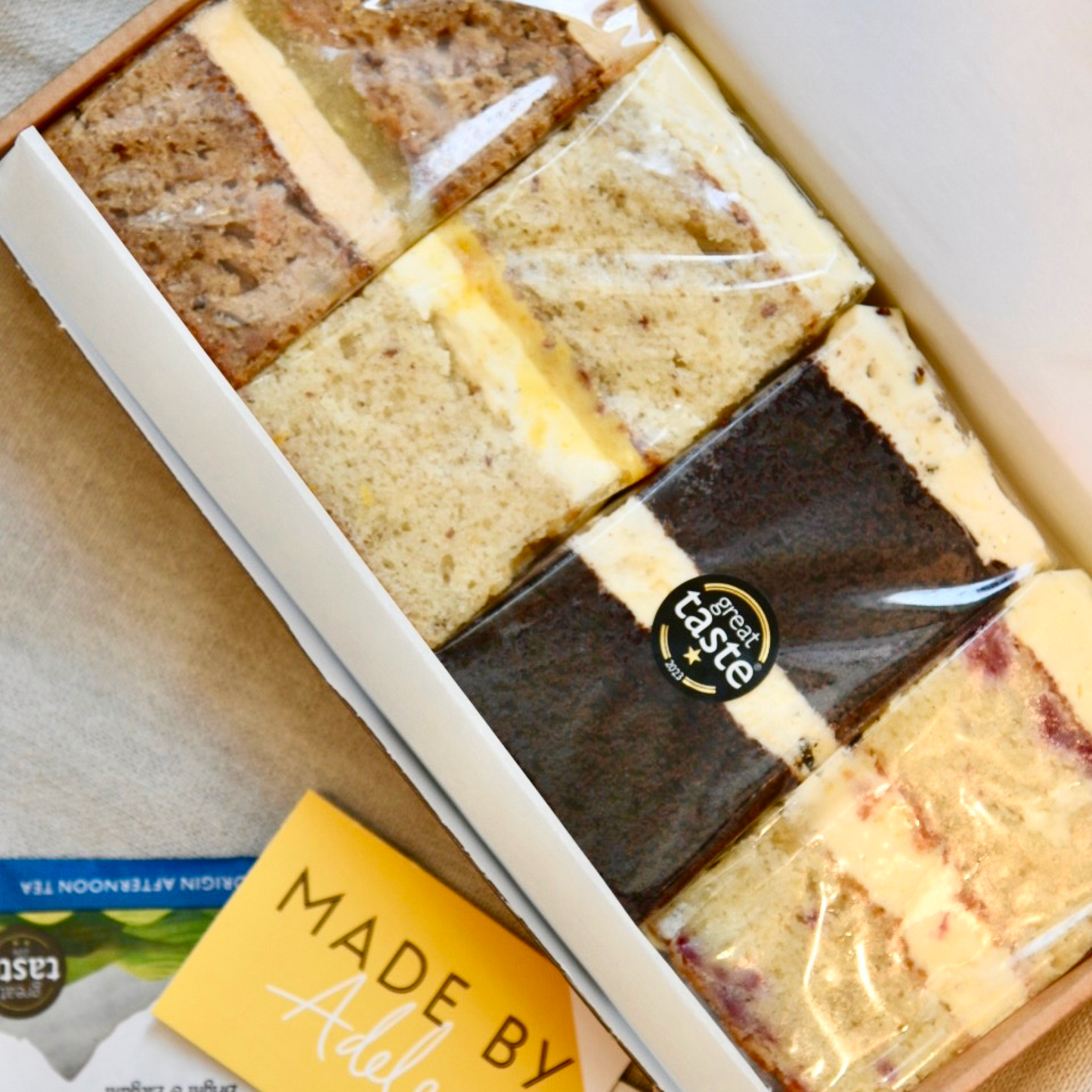 Overhead shot of postal cake box with Birchall Virginia tea set