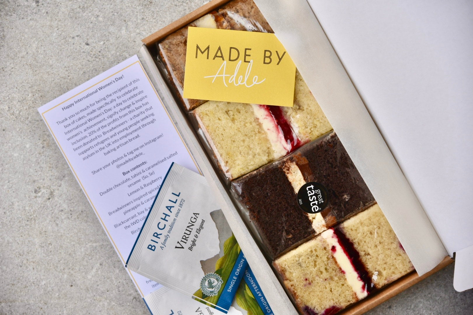 Overhead shot of postal cake box with Birchall Virginia tea set